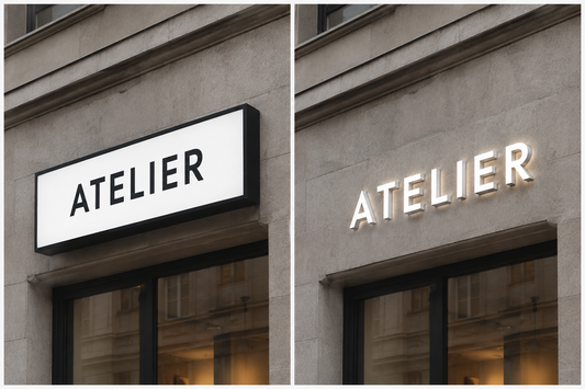 Illustration IA : Comparaison de composition entre un caisson rectangulaire et des lettres individuelles ATELIER.
