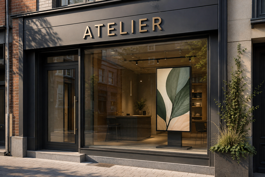 Enseigne fixe ATELIER au-dessus d’une vitrine équipée d’un écran vertical.
