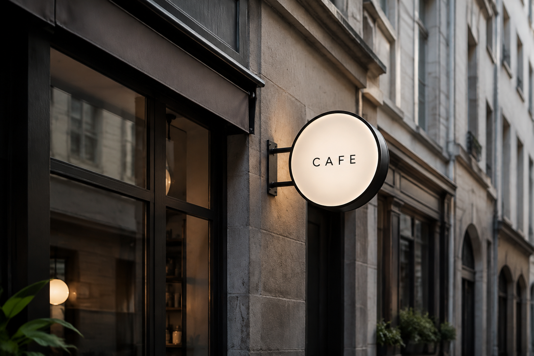 Illustration IA : Enseigne drapeau ronde CAFE fixée perpendiculairement à une façade.