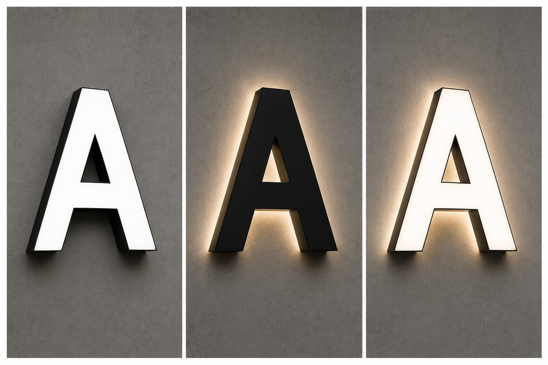 Illustration IA : Trois rendus de la lettre A : face lumineuse, halo arrière et double éclairage.