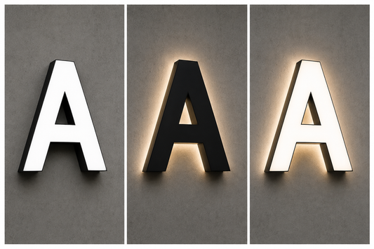 Illustration IA : Trois rendus de la lettre A : face lumineuse, halo arrière et double éclairage.