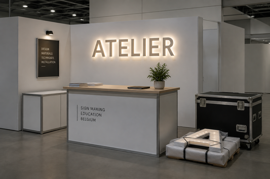 Illustration IA : Stand fictif ATELIER avec enseigne lumineuse, caisse de transport et lettre emballée.