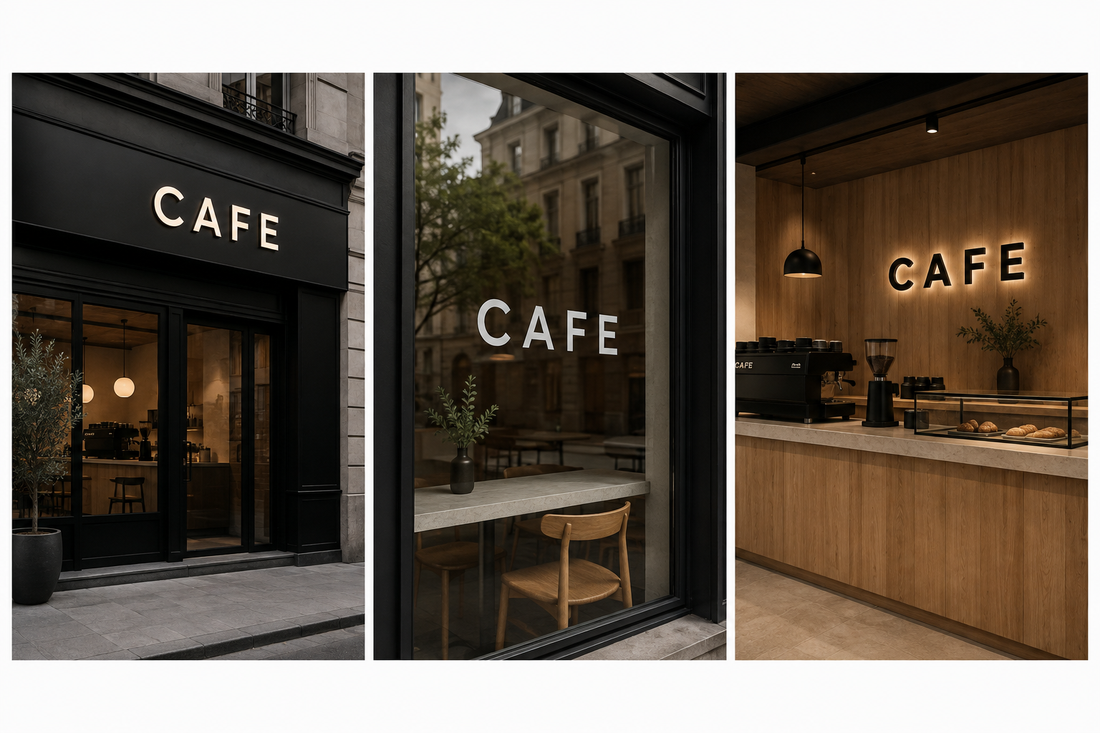 Illustration IA : Trois vues d’une identité CAFE déclinée en façade, sur la vitrine et à l’intérieur.
