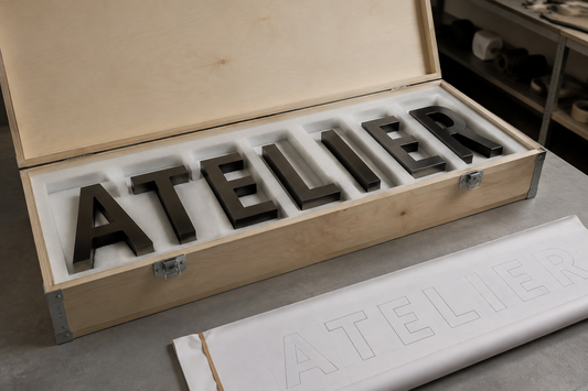 Illustration IA : Lettres ATELIER protégées dans une caisse, accompagnées d’un gabarit de positionnement.