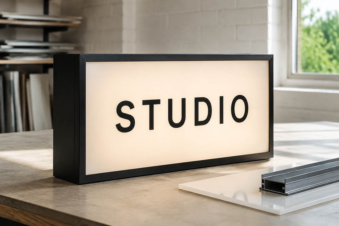 Illustration IA : Caisson lumineux STUDIO présenté sur un établi.