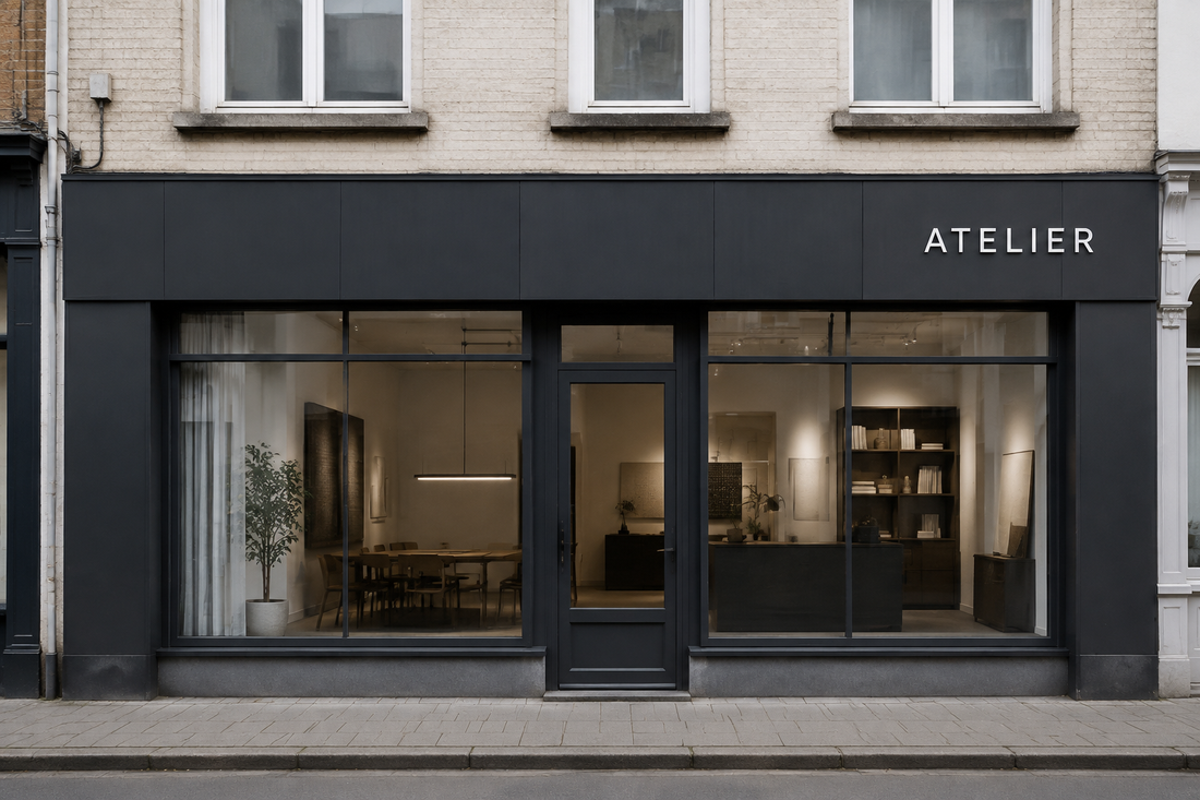 Illustration IA : Bandeau anthracite et lettrage ATELIER coordonnés à une devanture.