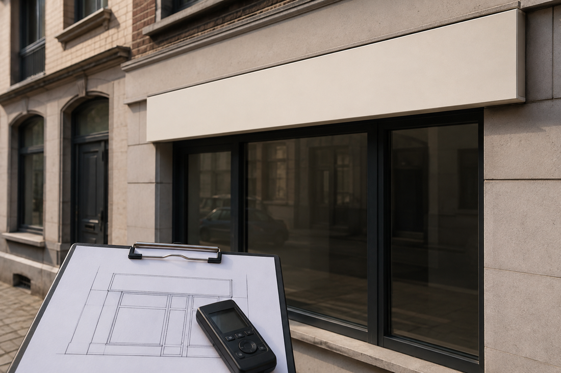 Illustration IA : Façade avant installation, avec dessin de relevé et appareil de mesure au premier plan.