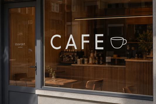 Illustration IA : Lettrage blanc CAFE et informations sur une vitrine laissant voir le commerce.