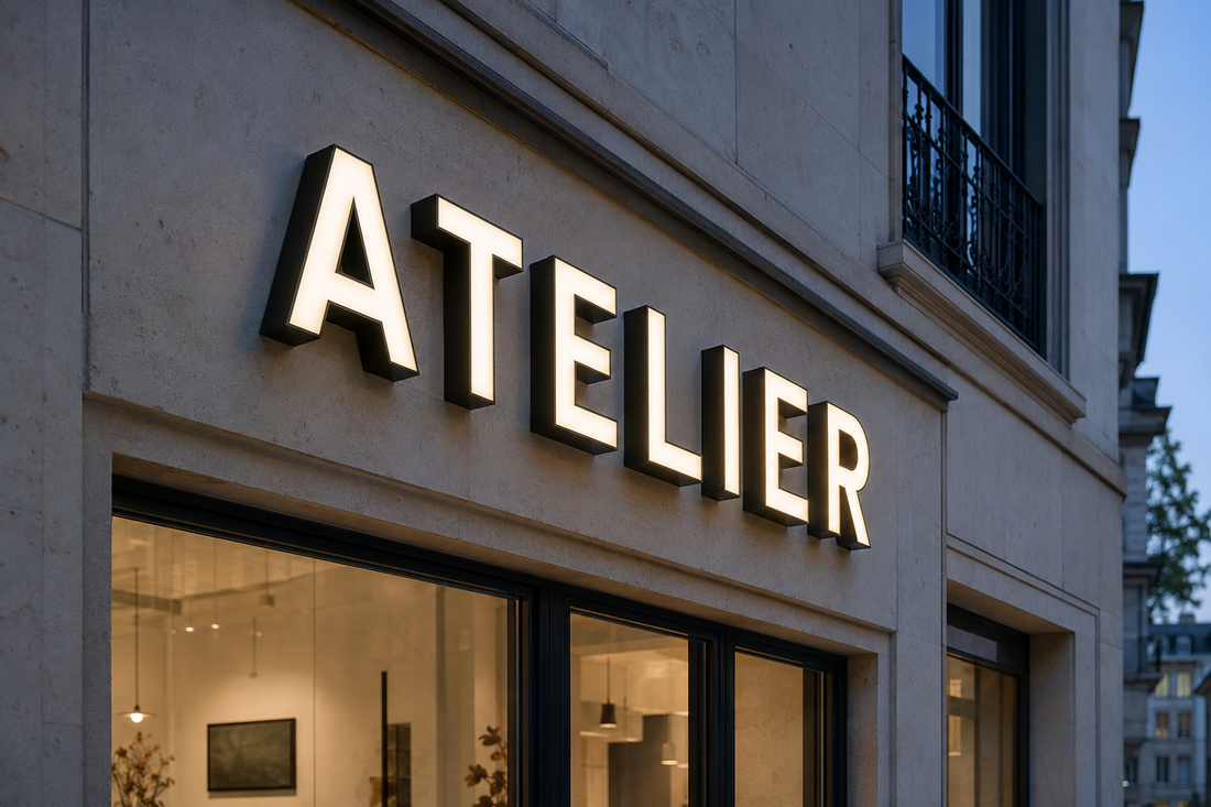 Illustration IA : Lettres lumineuses ATELIER sur une façade de commerce à la tombée du jour.