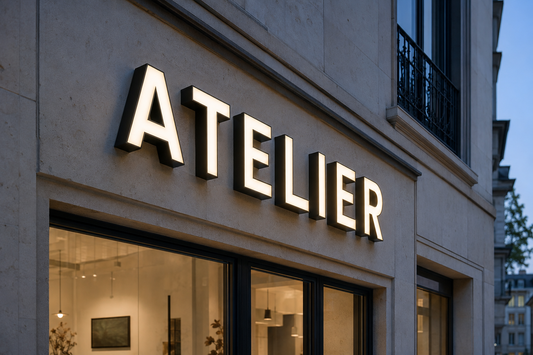 Illustration IA : Lettres lumineuses ATELIER sur une façade de commerce à la tombée du jour.