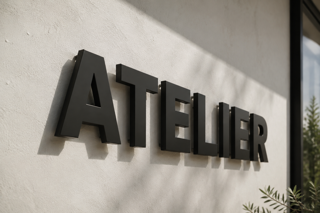 Illustration IA : Lettres noires ATELIER non lumineuses, détachées du mur par un léger relief.