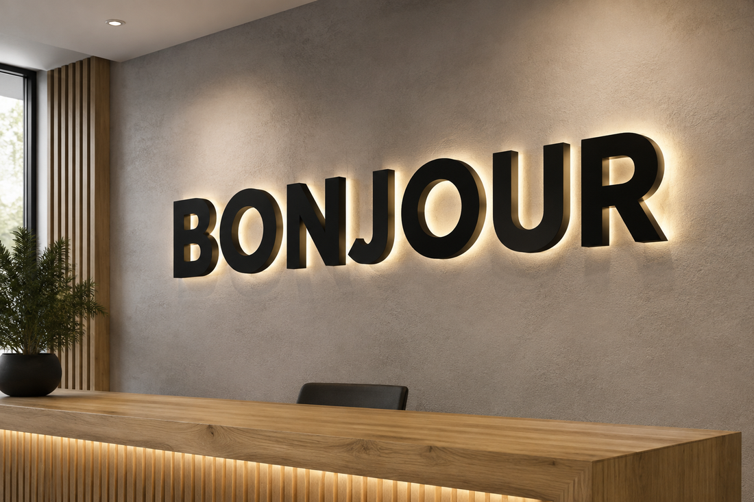 Illustration IA : Logo BONJOUR rétroéclairé derrière un comptoir d’accueil en bois.
