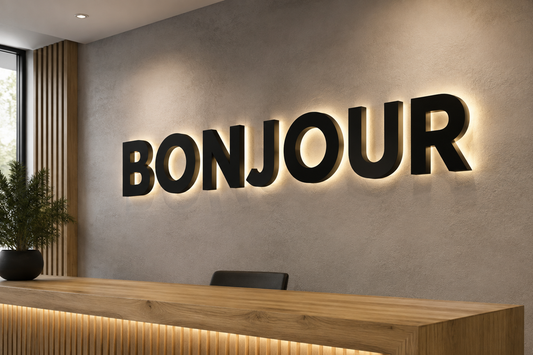 Illustration IA : Logo BONJOUR rétroéclairé derrière un comptoir d’accueil en bois.
