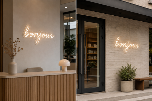 Illustration IA : Deux intentions d’implantation d’un néon bonjour, à l’intérieur et sous un abri extérieur.