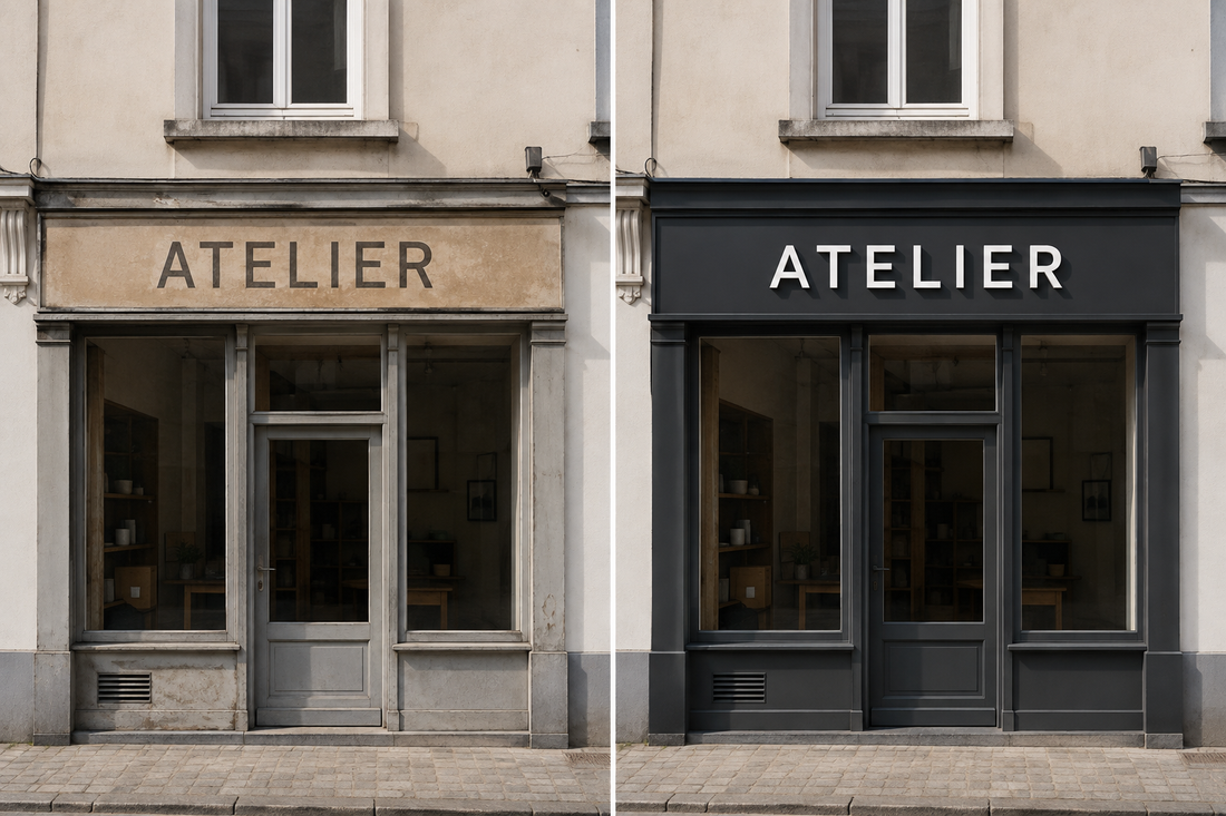 Simulation avant-après d’une devanture ATELIER rénovée.