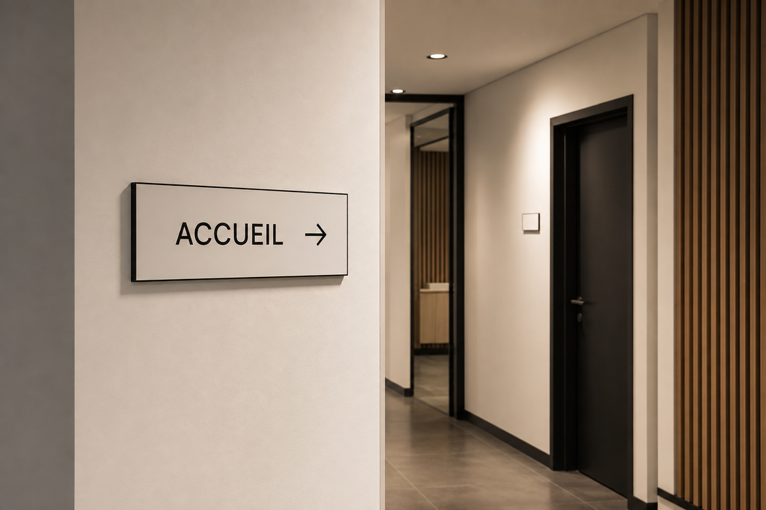Illustration IA : Signalétique ACCUEIL avec une flèche dans un couloir professionnel.