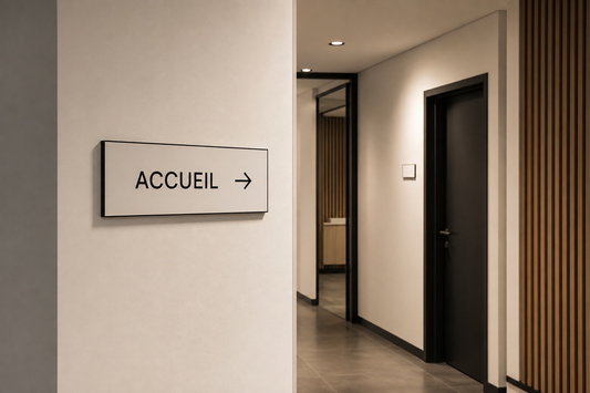 Illustration IA : Signalétique ACCUEIL avec une flèche dans un couloir professionnel.